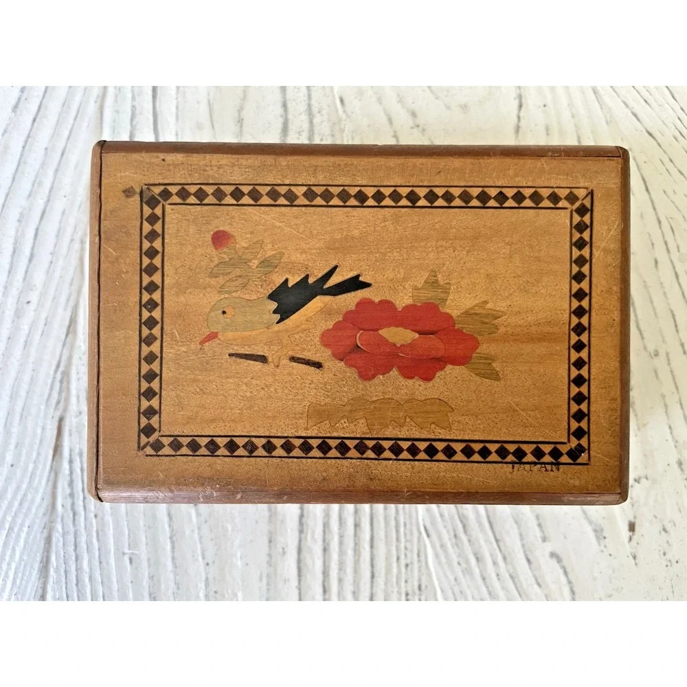 Vtg Inlaid Wood Japanese Mt Fuji  Secret Puzzle Box Wooden Jewelry/Stash Box